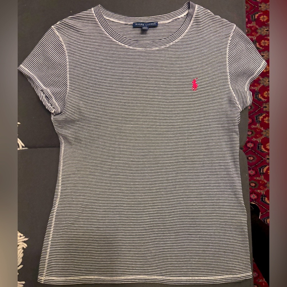 Ralph Lauren Women's size L, Striped Navy & White slim T-Shirt. Polo man in red.